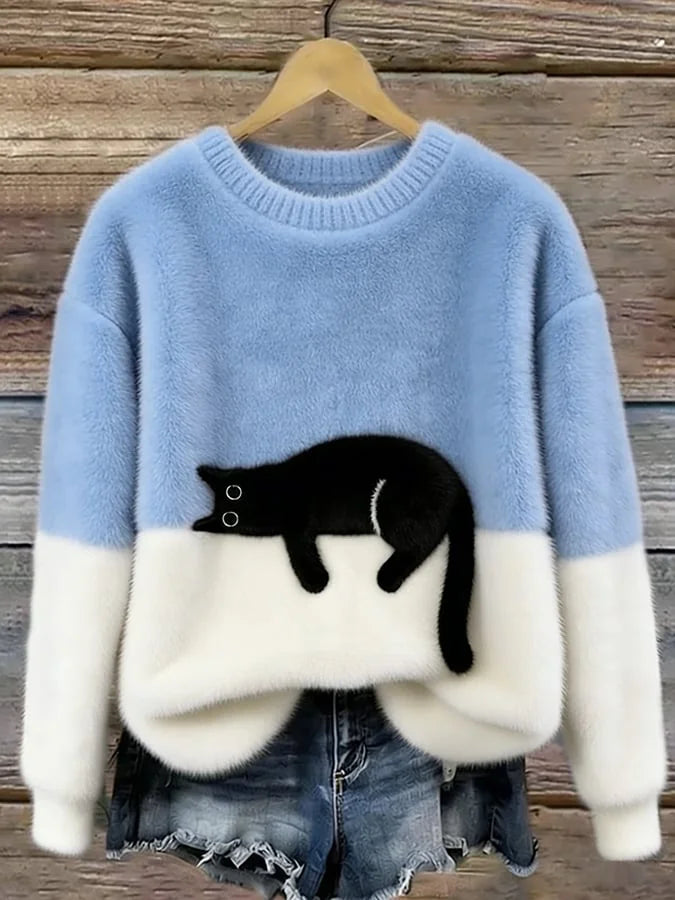 Light Blue Women's Graphic Cat Sweatshirt with Relaxed Fit & Ribbed Trim