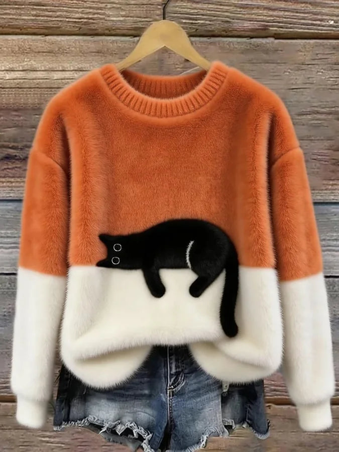 Orange Women's Graphic Cat Sweatshirt with Relaxed Fit & Ribbed Trim