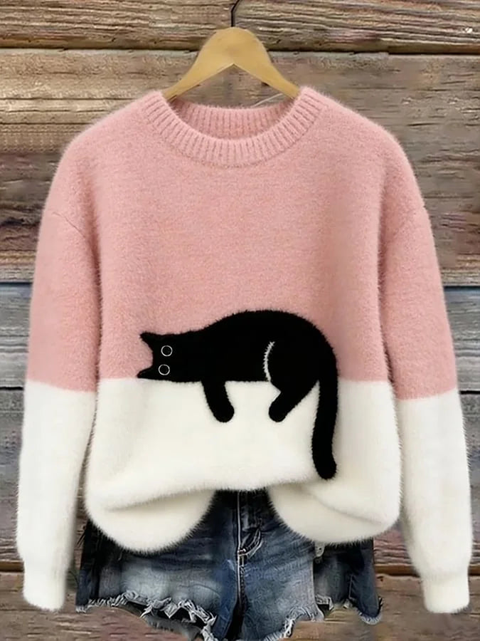 Pink Women's Graphic Cat Sweatshirt with Relaxed Fit & Ribbed Trim
