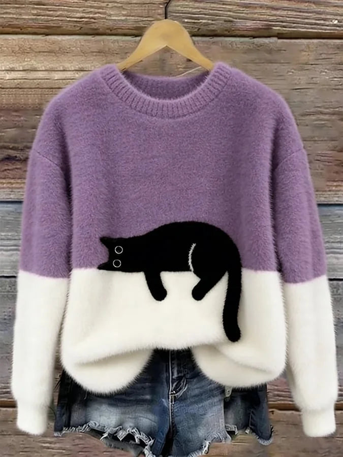 Purple Women's Graphic Cat Sweatshirt with Relaxed Fit & Ribbed Trim