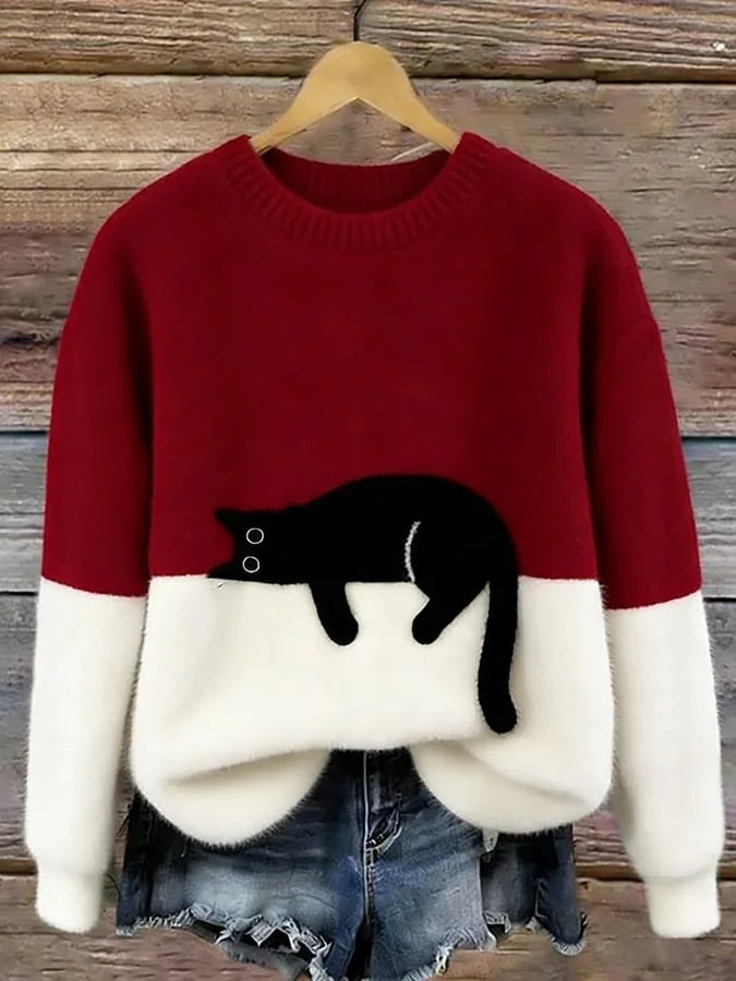 Red Women's Graphic Cat Sweatshirt with Relaxed Fit & Ribbed Trim