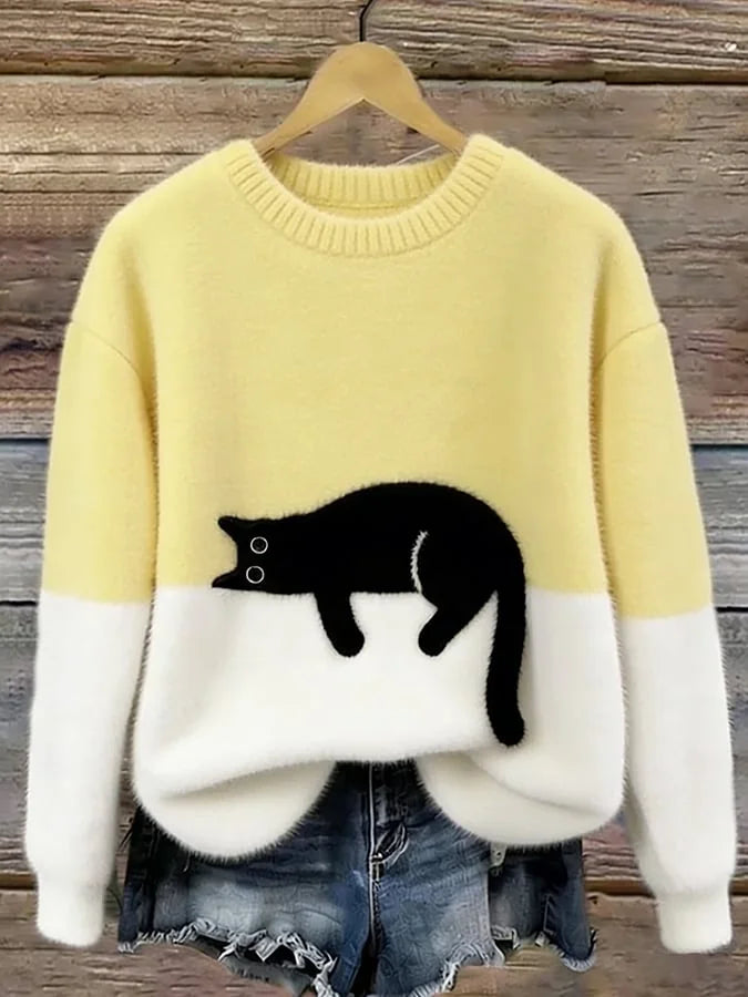 Yellow Women's Graphic Cat Sweatshirt with Relaxed Fit & Ribbed Trim