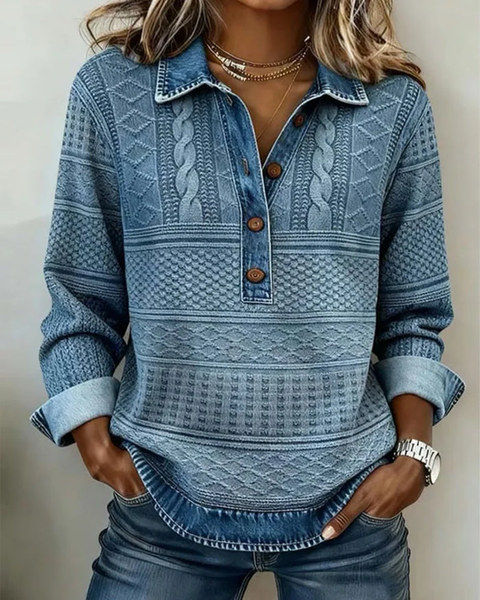 Ocean Blue Women's Denim Look Sweatshirt with Half-Button Collar & Relaxed Fit - Front Full