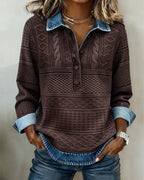 Dark Brown Women's Denim Look Sweatshirt with Half-Button Collar & Relaxed Fit - Front Pose