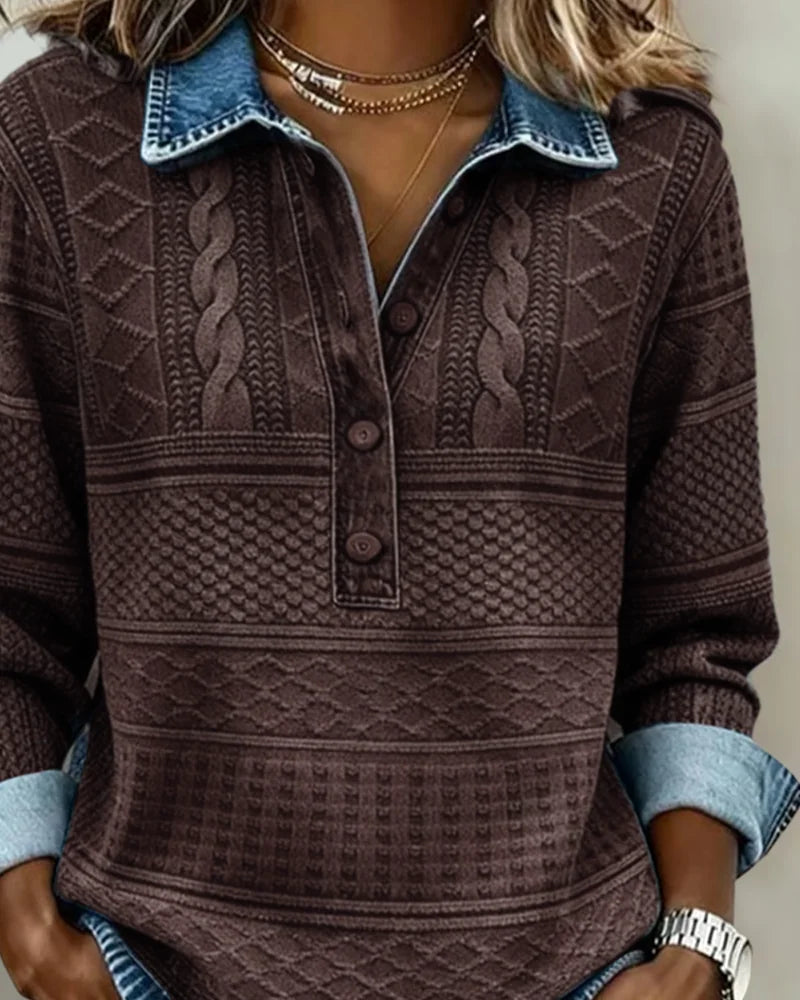 Women's Denim Look Sweatshirt with Half-Button Collar & Relaxed Fit - Neckline Detail