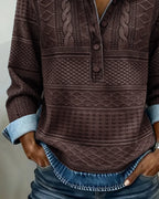 Women's Denim Look Sweatshirt with Half-Button Collar & Relaxed Fit - Torso Detail