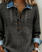 Women's Denim Look Sweatshirt with Half-Button Collar & Relaxed Fit - Button Detail