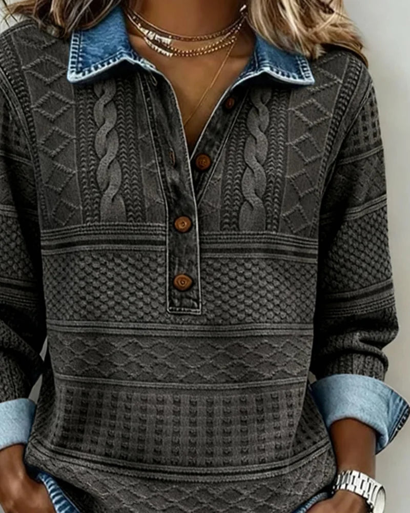 Women's Denim Look Sweatshirt with Half-Button Collar & Relaxed Fit - Button Detail