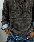 Women's Denim Look Sweatshirt with Half-Button Collar & Relaxed Fit - Pattern Closeup