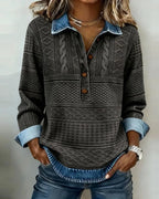 Dark Grey Women's Denim Look Sweatshirt with Half-Button Collar & Relaxed Fit