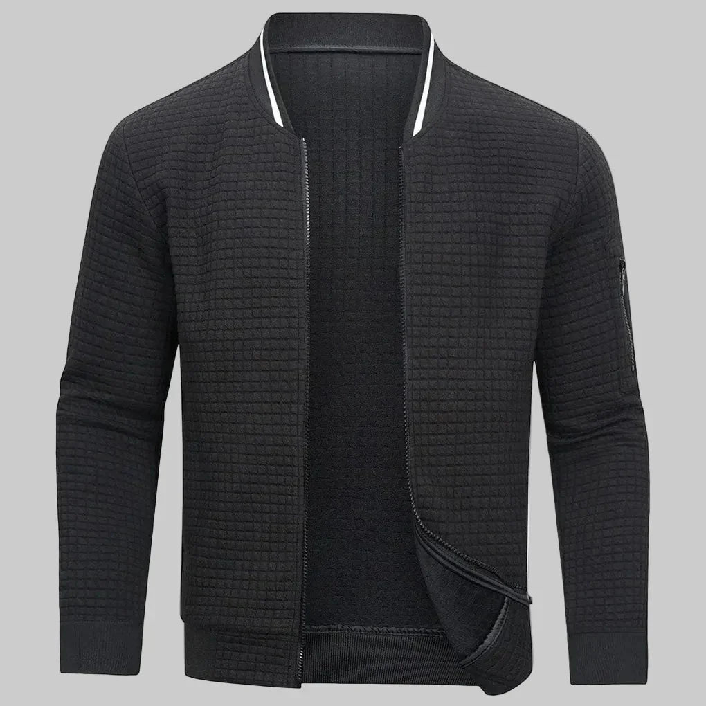 Black Men's Half-Zip Bomber Jacket with Ribbed Collar & Relaxed Fit