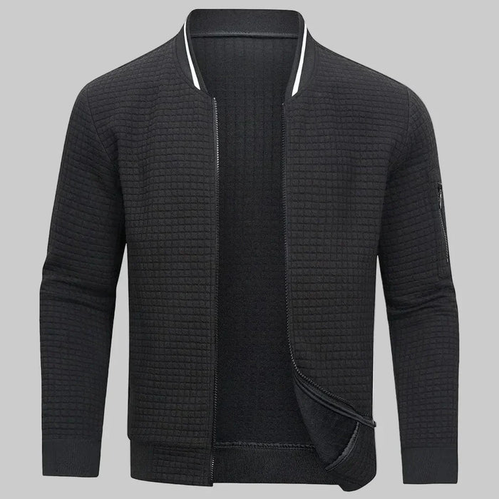 Black Men's Half-Zip Bomber Jacket with Ribbed Collar & Relaxed Fit