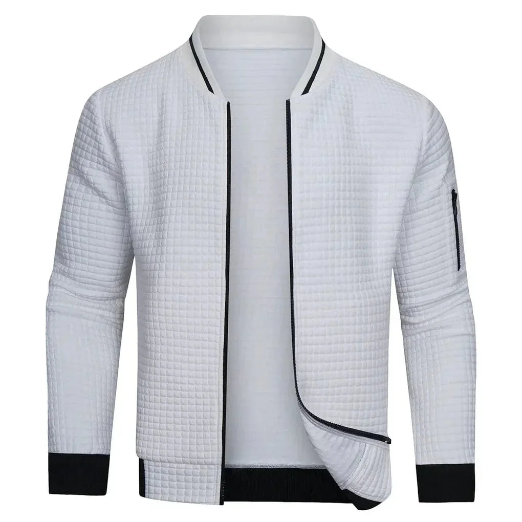 White Men's Half-Zip Bomber Jacket with Ribbed Collar & Relaxed Fit