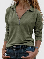 Army Women's Zip Up Sweatshirt with Collared Half-Zip & Relaxed Fit — Carla - Green Close Up Collar Detail