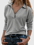 Grey Women's Zip Up Sweatshirt with Collared Half-Zip & Relaxed Fit — Carla