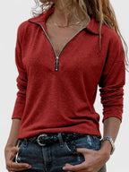 Red Women's Zip Up Sweatshirt with Collared Half-Zip & Relaxed Fit — Carla - Front Detail Close Up