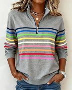 Grey Women's Striped Half Zip Hoodie with Stand Collar & Ribbed Cuffs — Priya