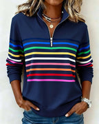 Navy Blue Women's Striped Half Zip Hoodie with Stand Collar & Ribbed Cuffs - Studio Front