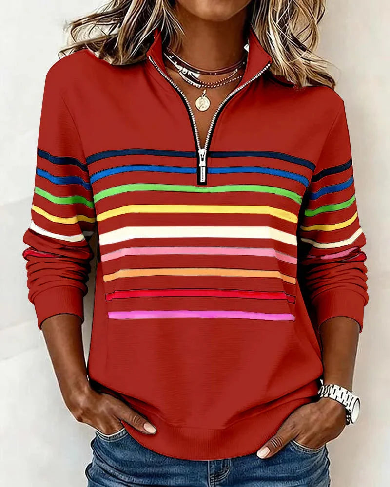 Red Women's Striped Half Zip Hoodie with Stand Collar & Ribbed Cuffs — Priya