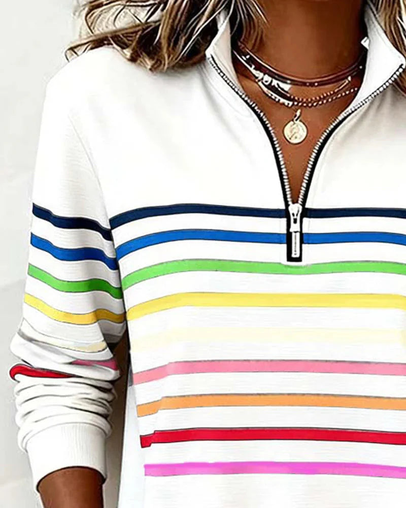 White Women's Striped Half Zip Hoodie with Stand Collar & Ribbed Cuffs — Priya - Close Up Neckline