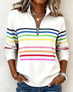 White Women's Striped Half Zip Hoodie with Stand Collar & Ribbed Cuffs - Front Pose