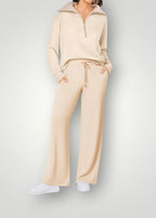 Beige Women's Lounge Set with Half-Zip Pullover & Wide-Leg Drawstring Pants