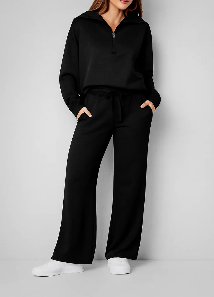 Black Women's Lounge Set with Half-Zip Pullover & Wide-Leg Drawstring Pants