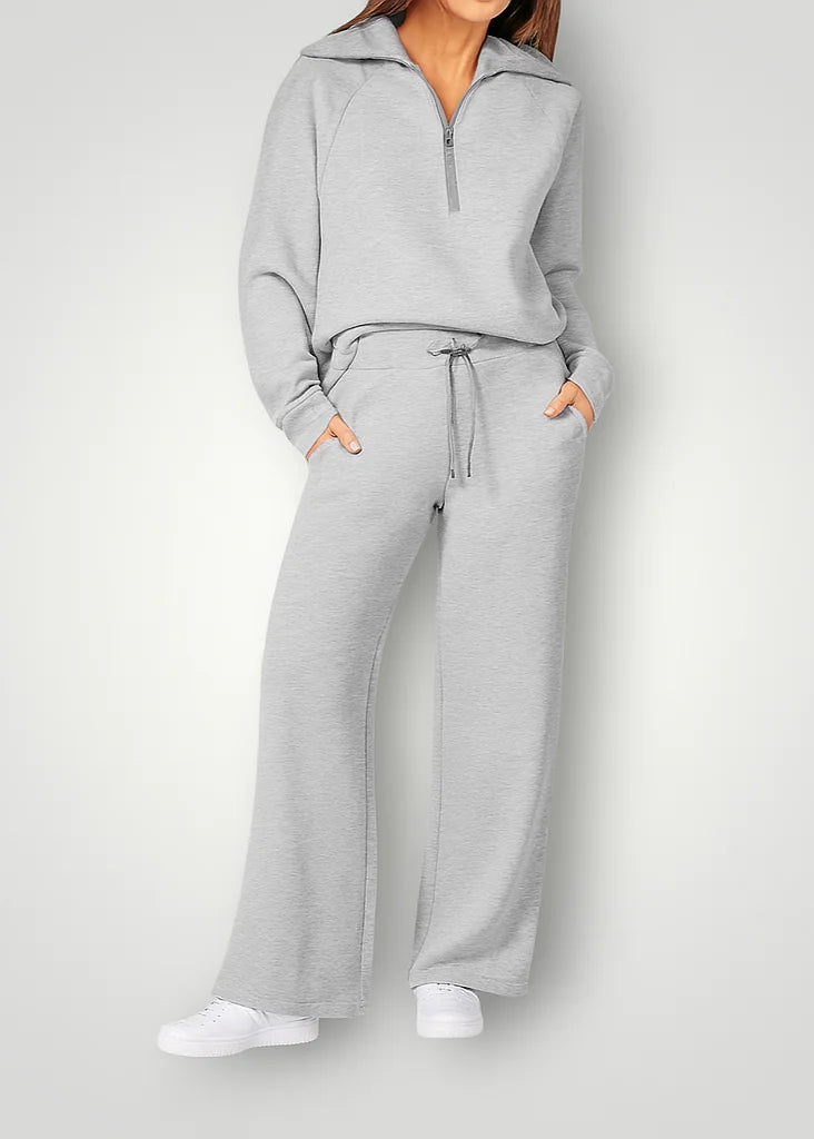 Grey Women's Lounge Set with Half-Zip Pullover & Wide-Leg Drawstring Pants - Front Pose