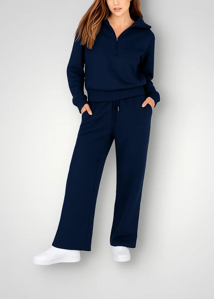 Navy Women's Lounge Set with Half-Zip Pullover & Wide-Leg Drawstring Pants