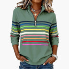 Green Women's Striped Half Zip Sweatshirt with Stand Collar & Long Sleeves