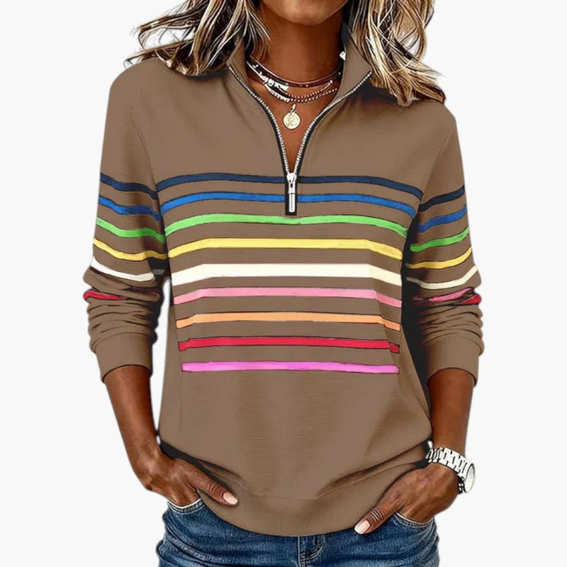 Khaki Women's Striped Half Zip Sweatshirt with Stand Collar & Long Sleeves