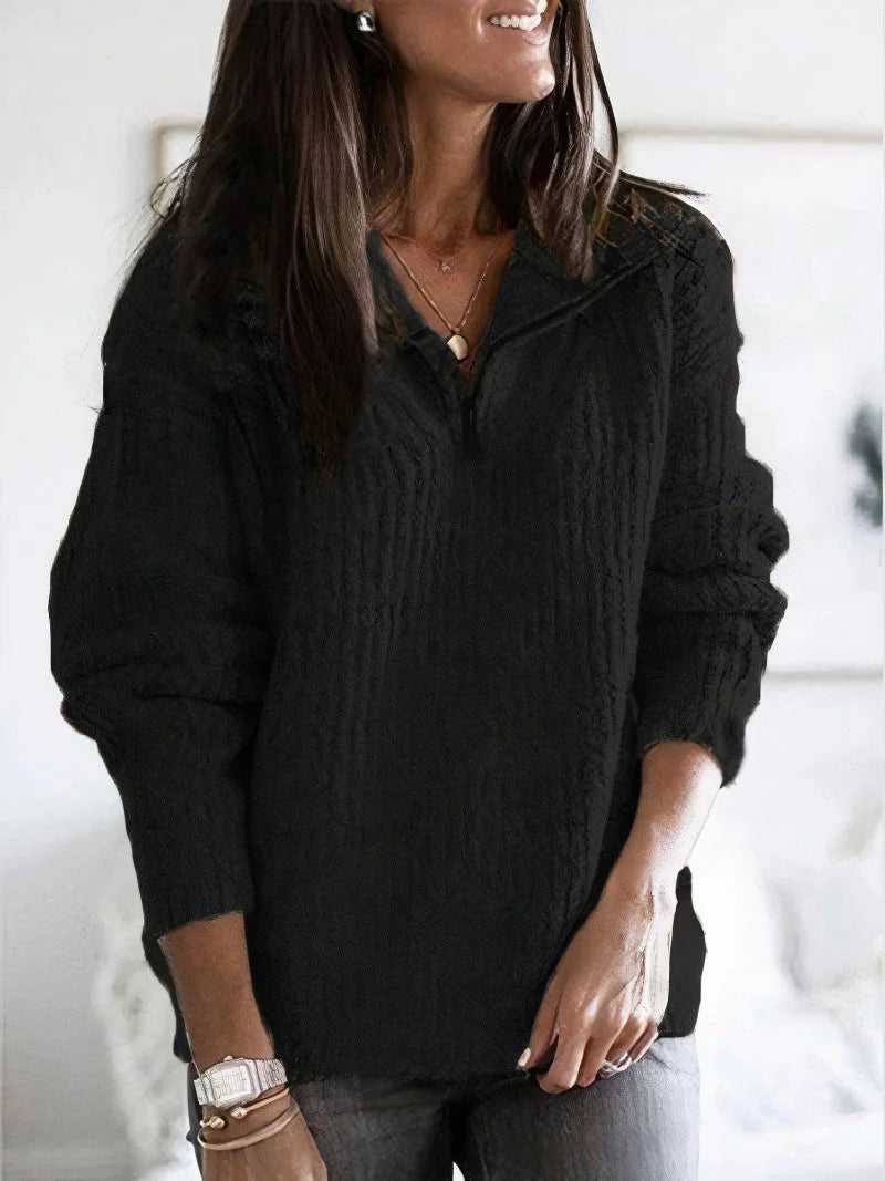 Black Women's Half Zip Sweater with Ribbed Knit Texture & Relaxed Fit