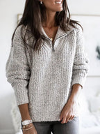 Grey Women's Half Zip Sweater with Ribbed Knit Texture & Relaxed Fit