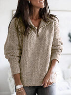 Khaki Women's Half Zip Sweater with Ribbed Knit Texture & Relaxed Fit