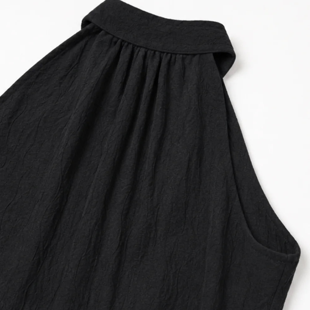 Black Women's Halter Neck Jumpsuit with Cowl Neckline & Wide-Leg Fit — Eva - Close Up Back Collar