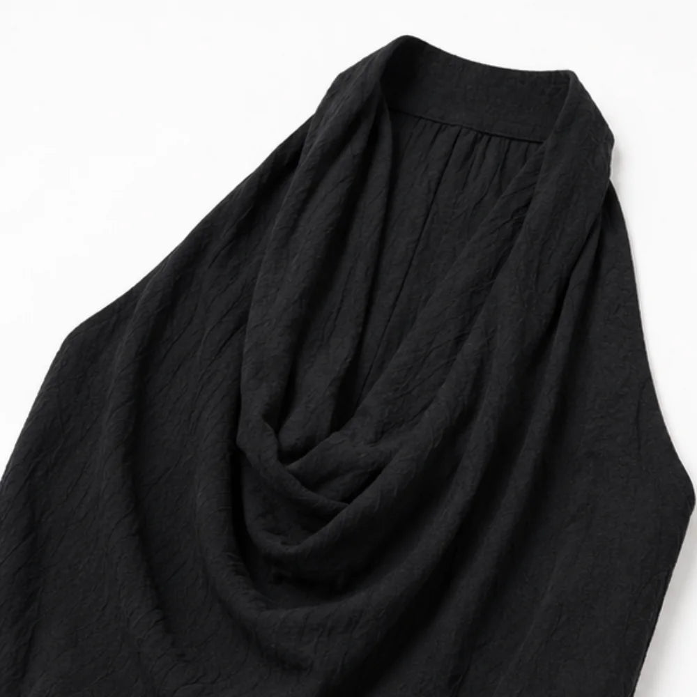 Black Women's Halter Neck Jumpsuit with Cowl Neckline & Wide-Leg Fit — Eva - Close Up Neckline
