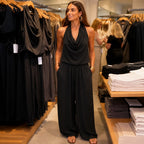 Black Women's Halter Neck Jumpsuit with Cowl Neckline & Wide-Leg Fit — Eva - Front Full Shop