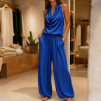 Blue Women's Halter Neck Jumpsuit with Cowl Neckline & Wide-Leg Fit — Eva