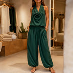 Green Women's Halter Neck Jumpsuit with Cowl Neckline & Wide-Leg Fit — Eva