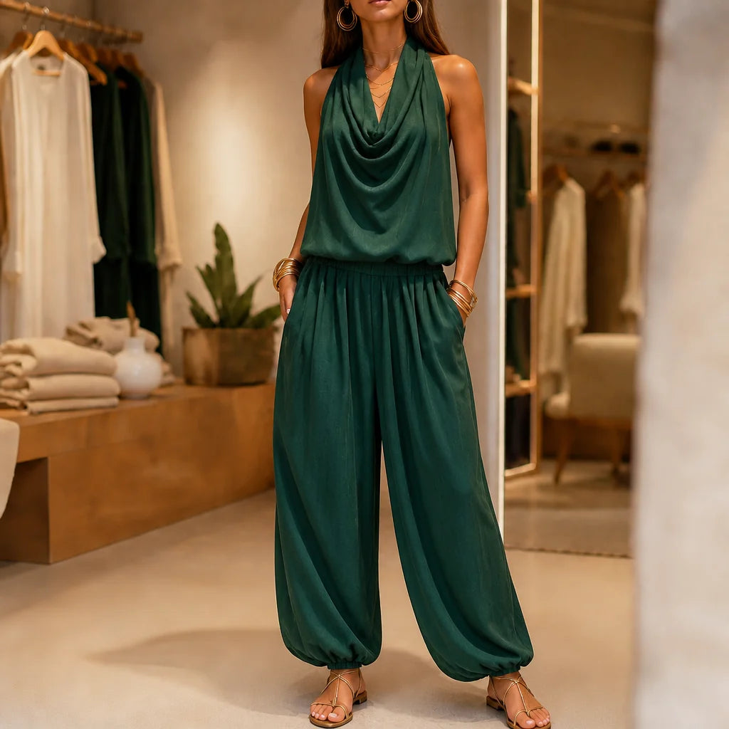 Green Women's Halter Neck Jumpsuit with Cowl Neckline & Wide-Leg Fit — Eva