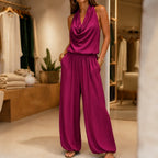 Magenta Women's Halter Neck Jumpsuit with Cowl Neckline & Wide-Leg Fit — Eva