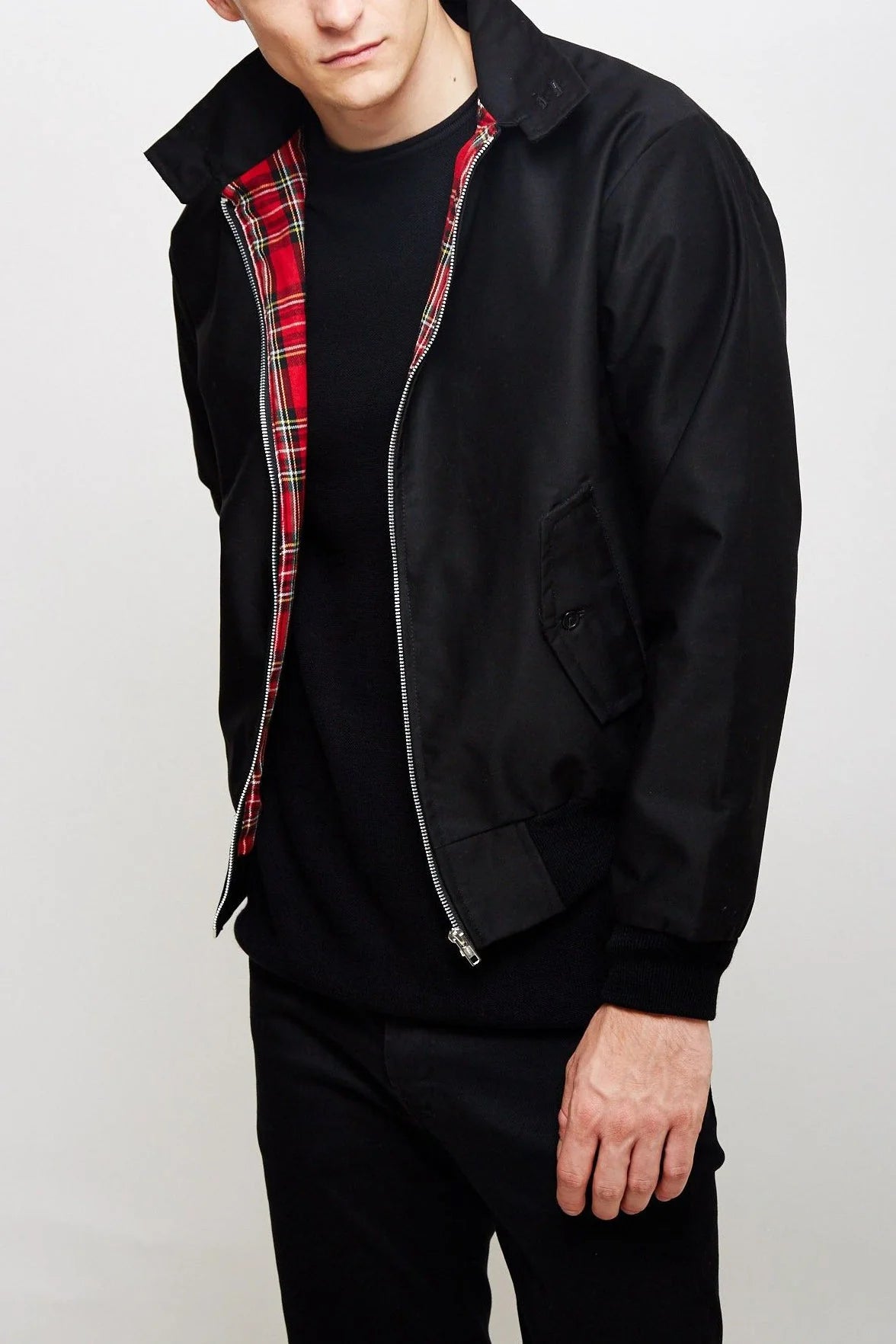 Black Men's Harrington Jacket with Tartan Lining & Zip-Front Closure