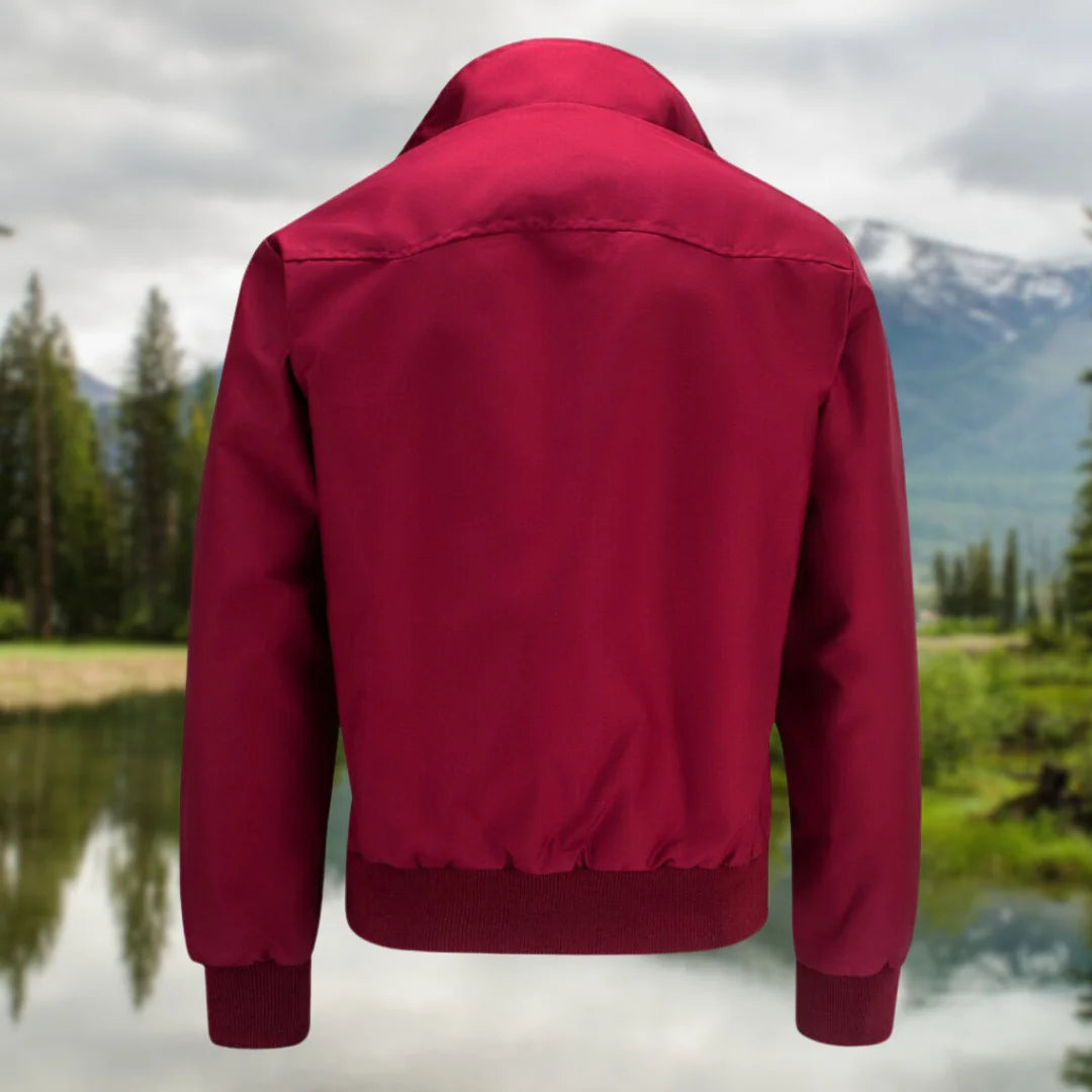 Men's Harrington Jacket with Tartan Lining & Zip-Front Closure - Red Back Flat Burgundy