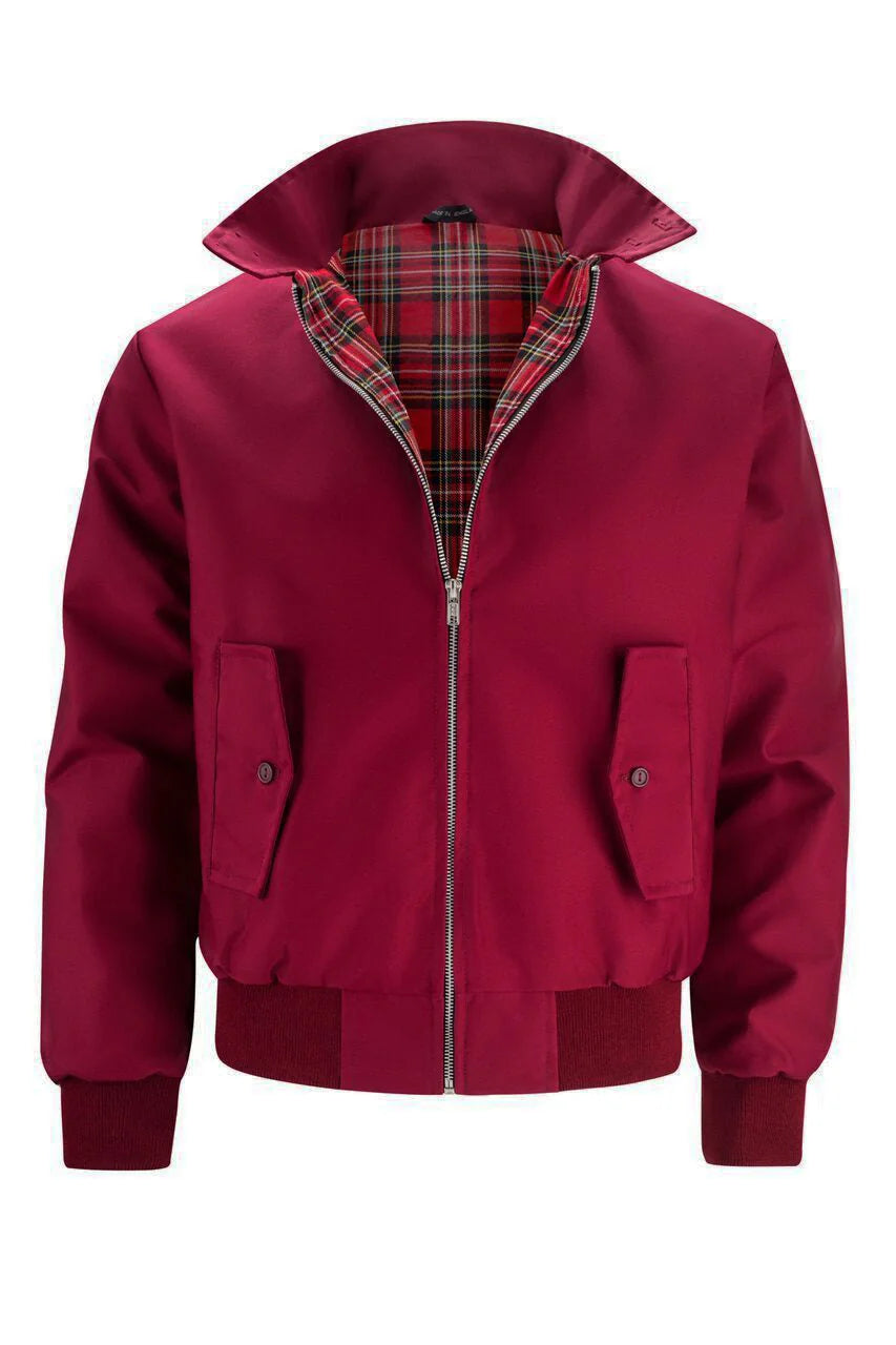 Dark Red Men's Harrington Jacket with Tartan Lining & Zip-Front Closure - Flat Front Burgundy