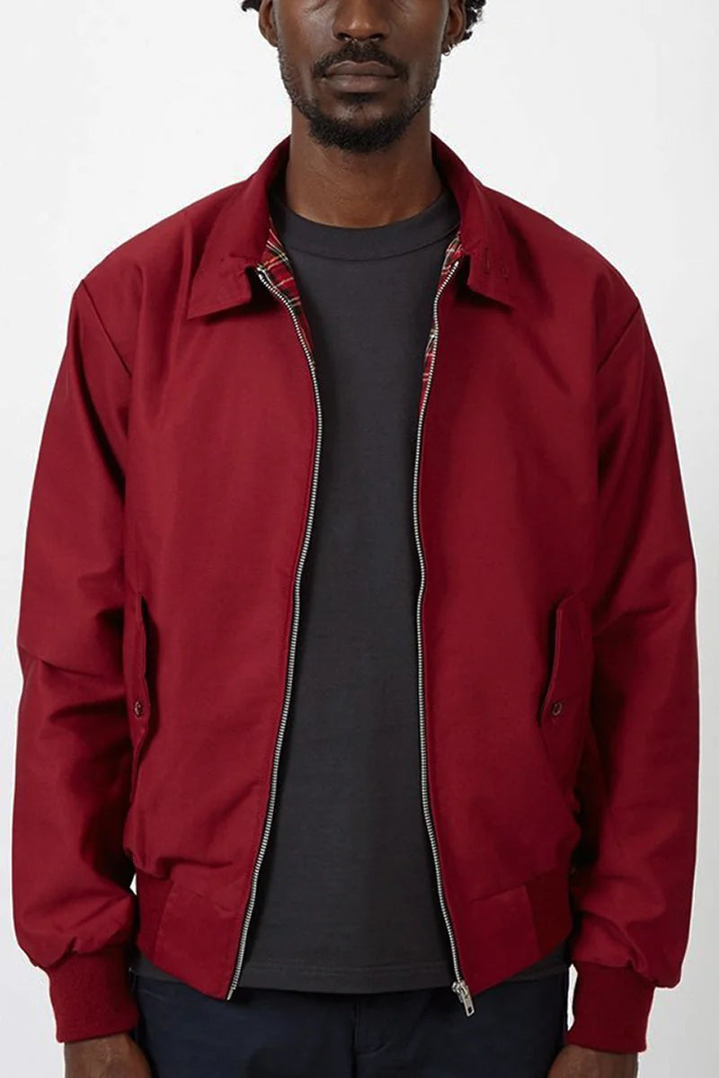 Men's Harrington Jacket with Tartan Lining & Zip-Front Closure - Red