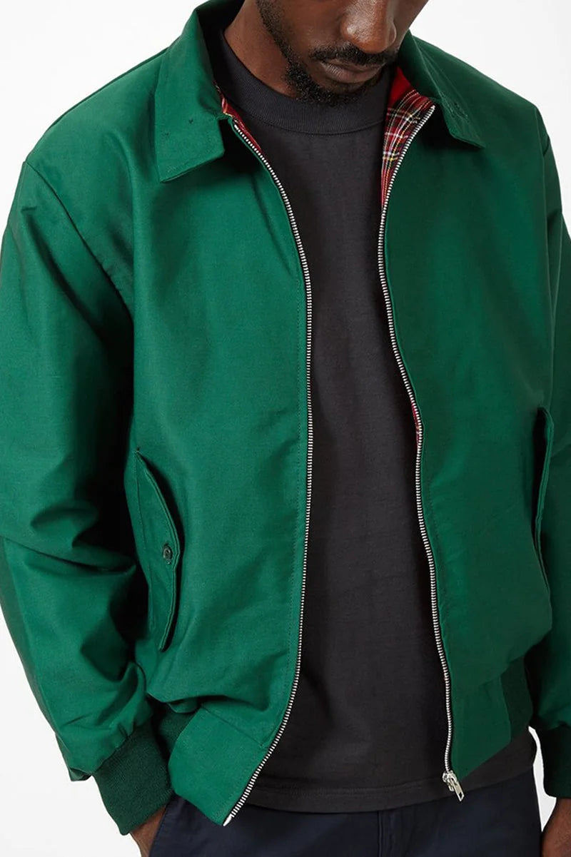 Men's Harrington Jacket with Tartan Lining & Zip-Front Closure - Worn Close Detail