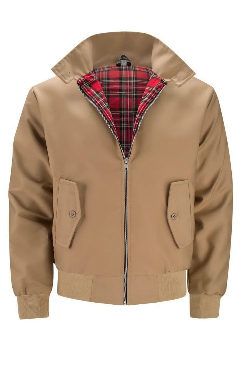 Men's Harrington Jacket with Tartan Lining & Zip-Front Closure - Flat Front Ghost