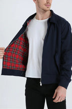 Navy Men's Harrington Jacket with Tartan Lining & Zip-Front Closure