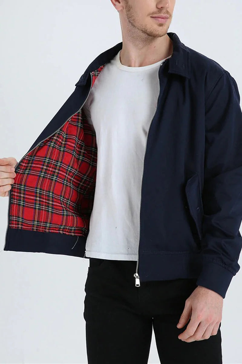 Navy Men's Harrington Jacket with Tartan Lining & Zip-Front Closure