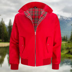 Red Men's Harrington Jacket with Tartan Lining & Zip-Front Closure